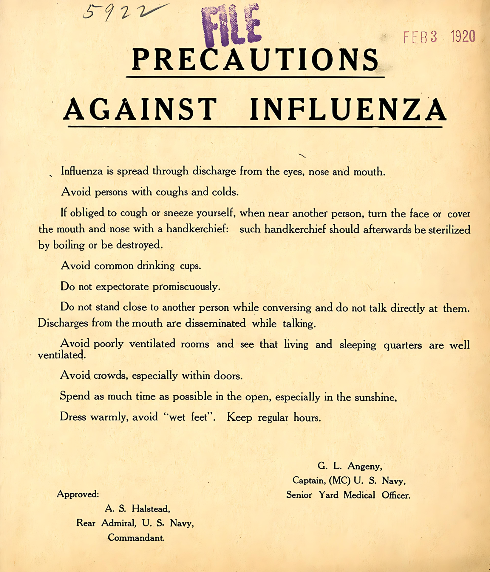 Aviso de precauciones durante la pandemia de gripe española 1918