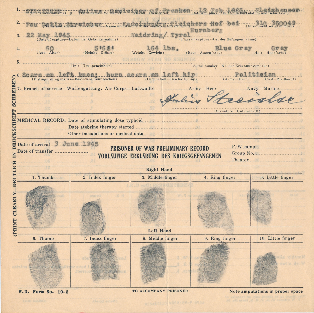 Ficha de prisionero de guerra de Julius Streicher, 1945