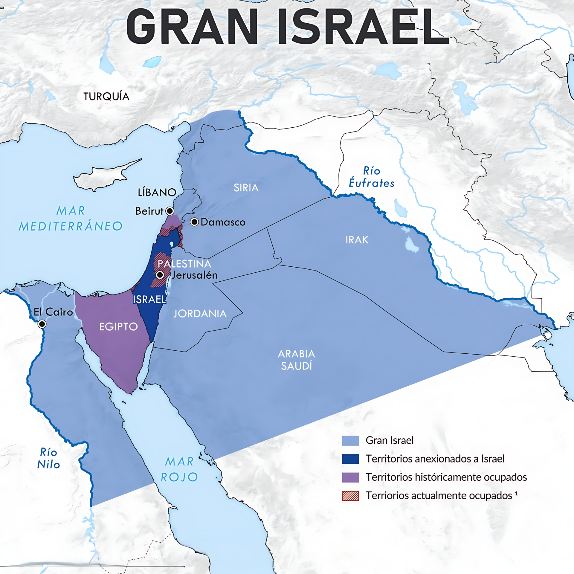 Mapa del Gran Israel: territorios anexionados, ocupados y reclamados