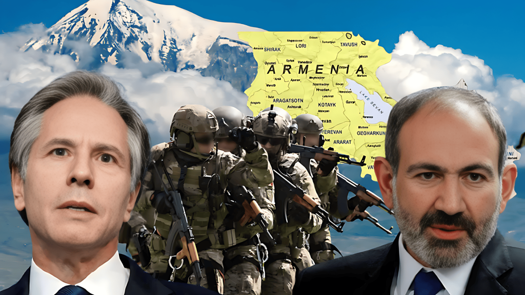 Blinken, Pashinyan, mapa de Armenia, Monte Ararat y soldados.