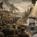Alemania posguerra, crisis económica, multitud. Hitler fantasma al atril.
