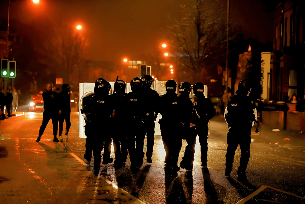 Policías antidisturbios en calle de noche bajo luz anaranjada.
