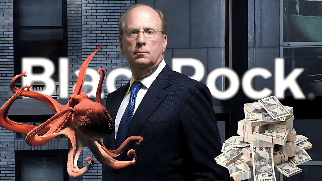 Hombre, pulpo, dinero y logo BlackRock en un contexto financiero.