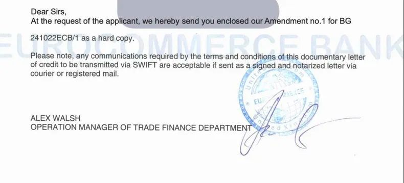 Documento Eurocommerce falsificado - Amendment