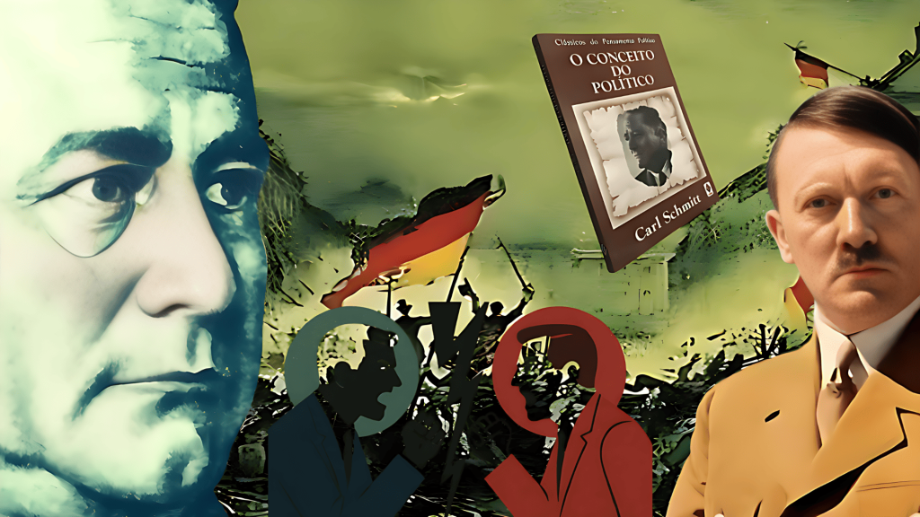 Carl Schmitt, Hitler, libro, banderas alemanas, figuras en conflicto político.