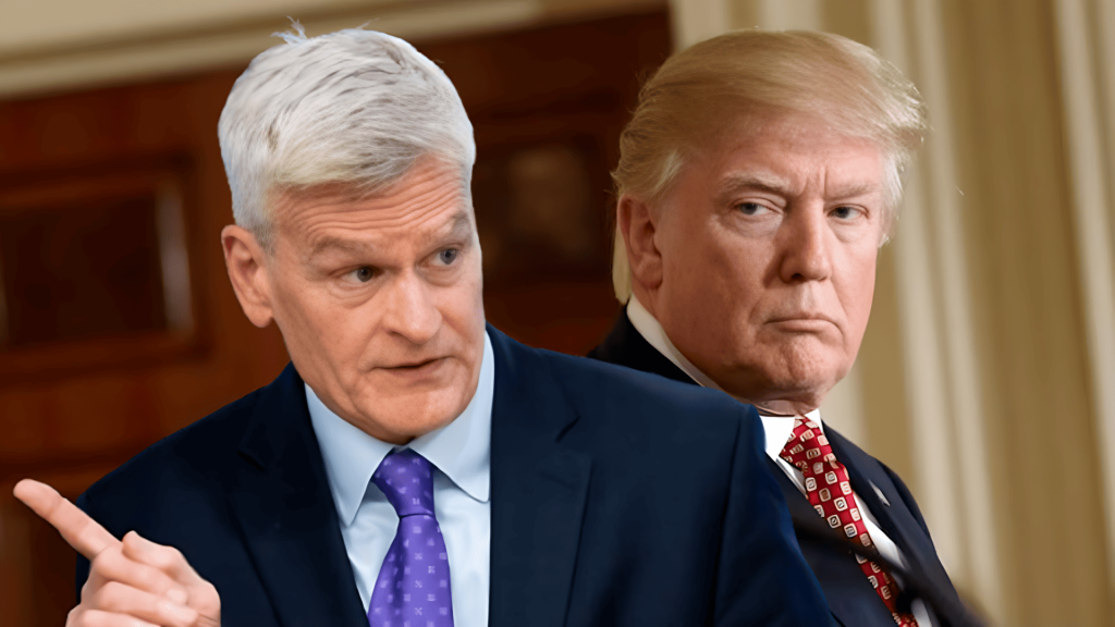 Bill Cassidy señalando, Donald Trump con expresión seria.
