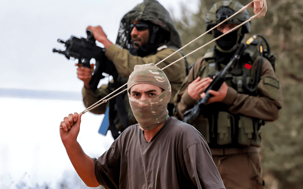 Joven con tirachinas y pasamontañas ante soldados armados.