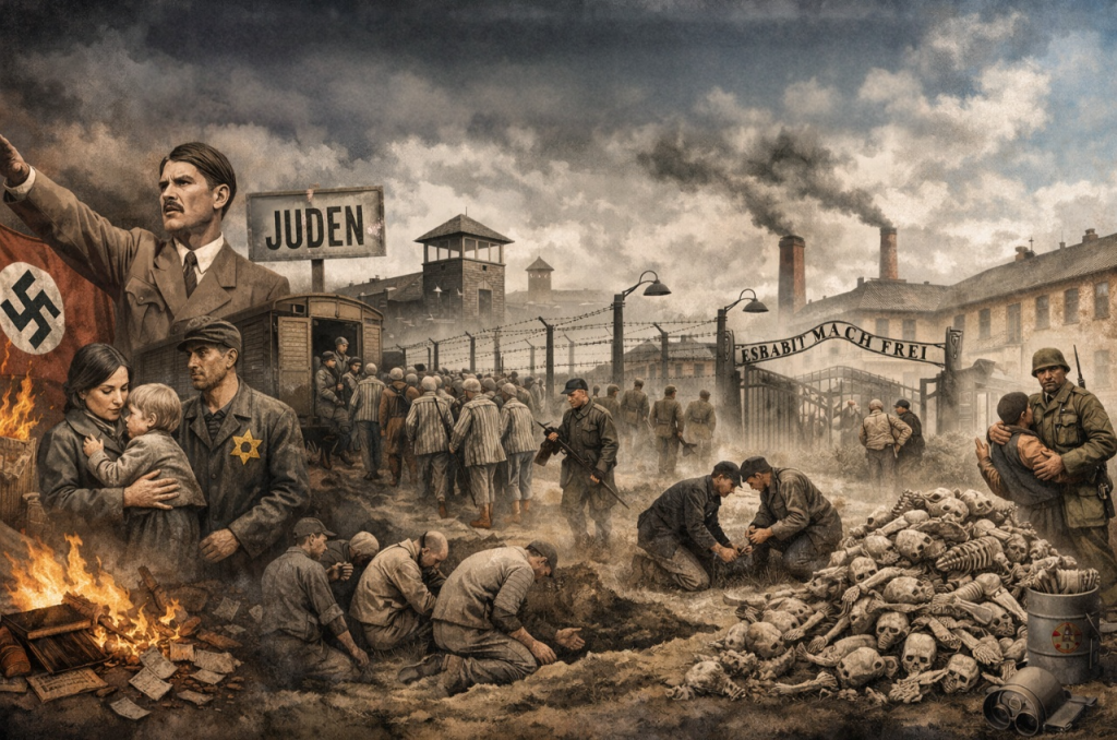 Impactante representación del Holocausto: opresión, sufrimiento y liberación.