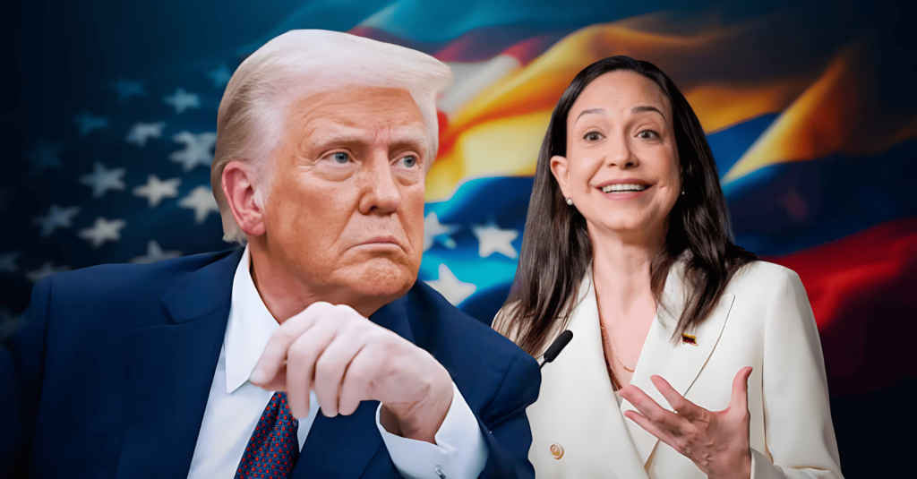 Donald Trump y María Corina Machado con banderas de EE.UU. y Venezuela.