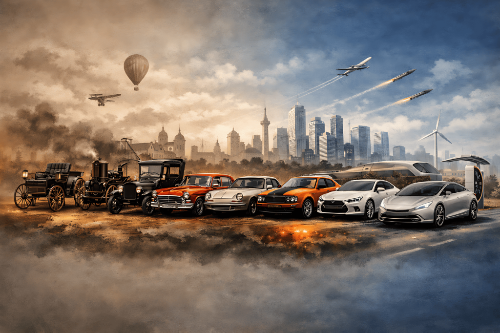 Evolución transporte: de carruaje a coche eléctrico, pasado a futuro.