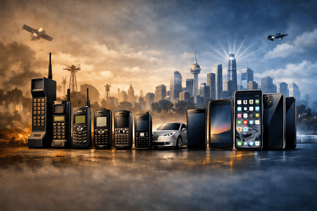 Evolución tecnológica móvil: teléfonos antiguos a modernos, coche y ciudad.