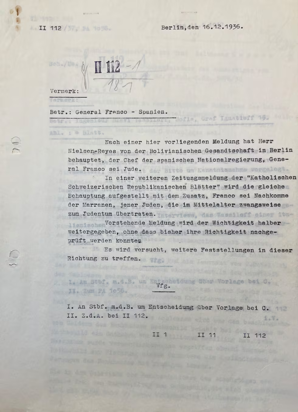 Documento original de las SS — Berlín 16 de diciembre de 1936 — investigación sobre los orígenes de Franco