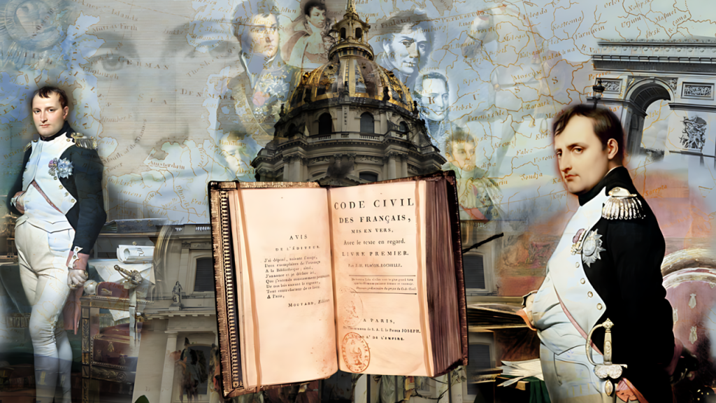 Collage histórico de Napoleón, Código Civil y símbolos franceses.