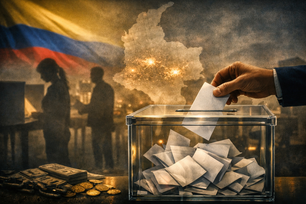 Votación en Colombia: urna, papeletas, dinero y mapa.