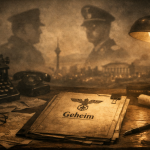 Imagen alegórica con carpeta nazi y dos personajes en sombras.
