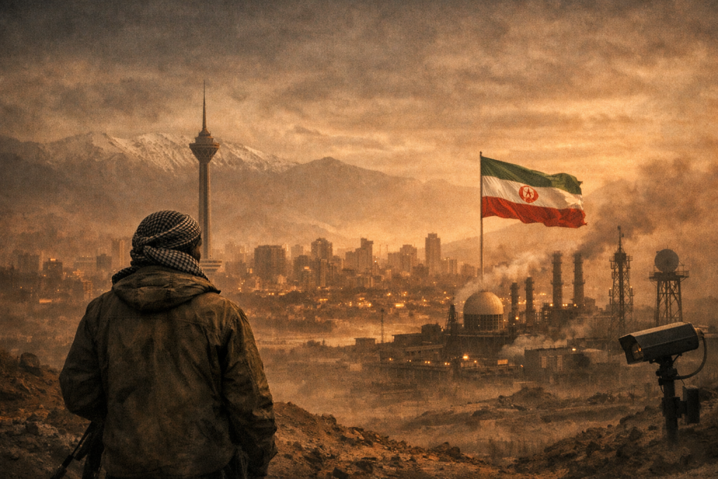 Hombre con kefia mira Teherán industrial y bandera iraní pre-revolucionaria.