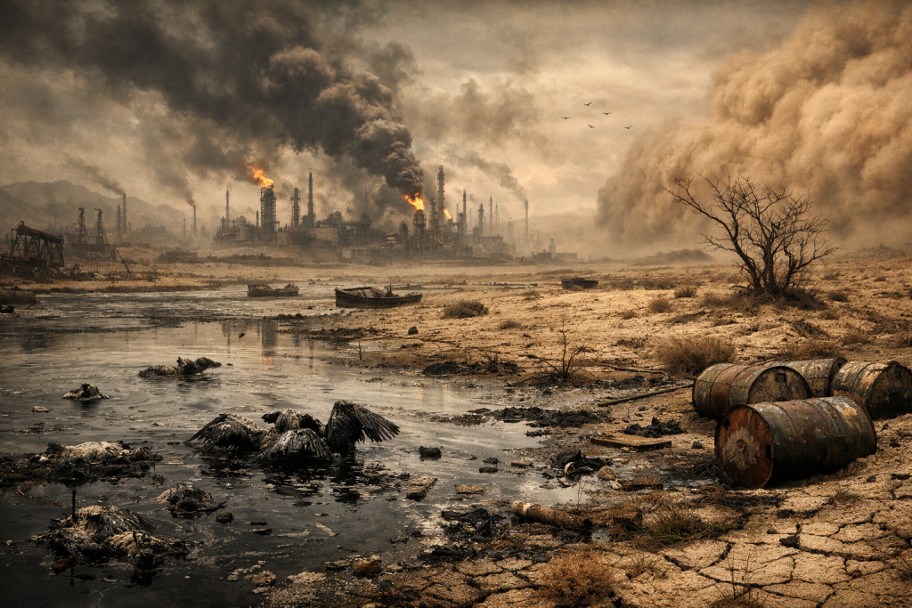 Fábrica contaminante, humo, tierra seca, agua sucia y bidones oxidados.