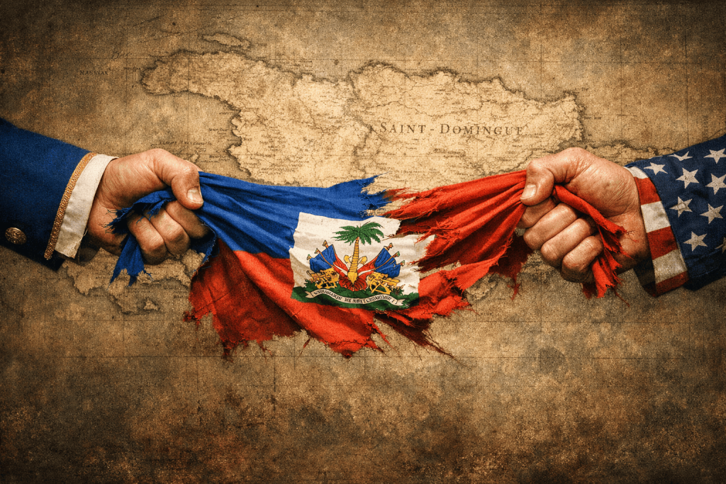 Manos desgarran bandera haitiana sobre mapa de Saint-Domingue.