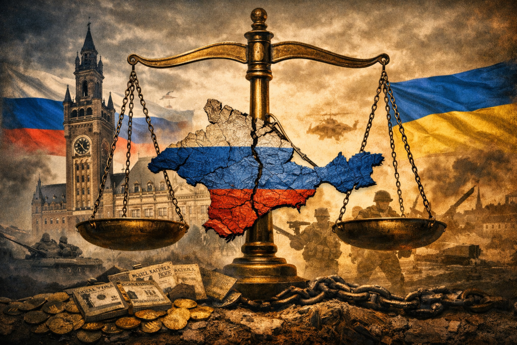 Balanzas de justicia, mapa de Crimea, conflicto Rusia-Ucrania.
