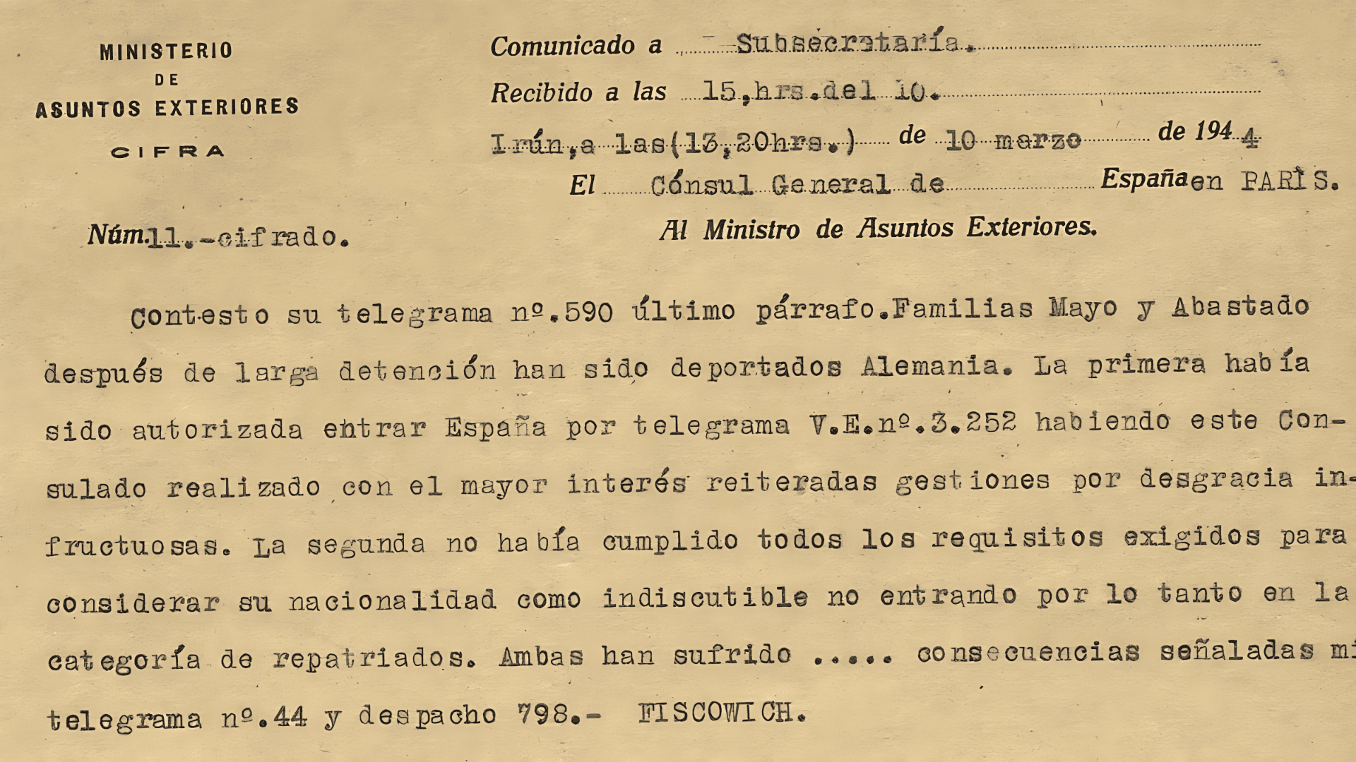 Telegrama enviado al Ministerio de Asuntos Exteriores sobre deportaciones