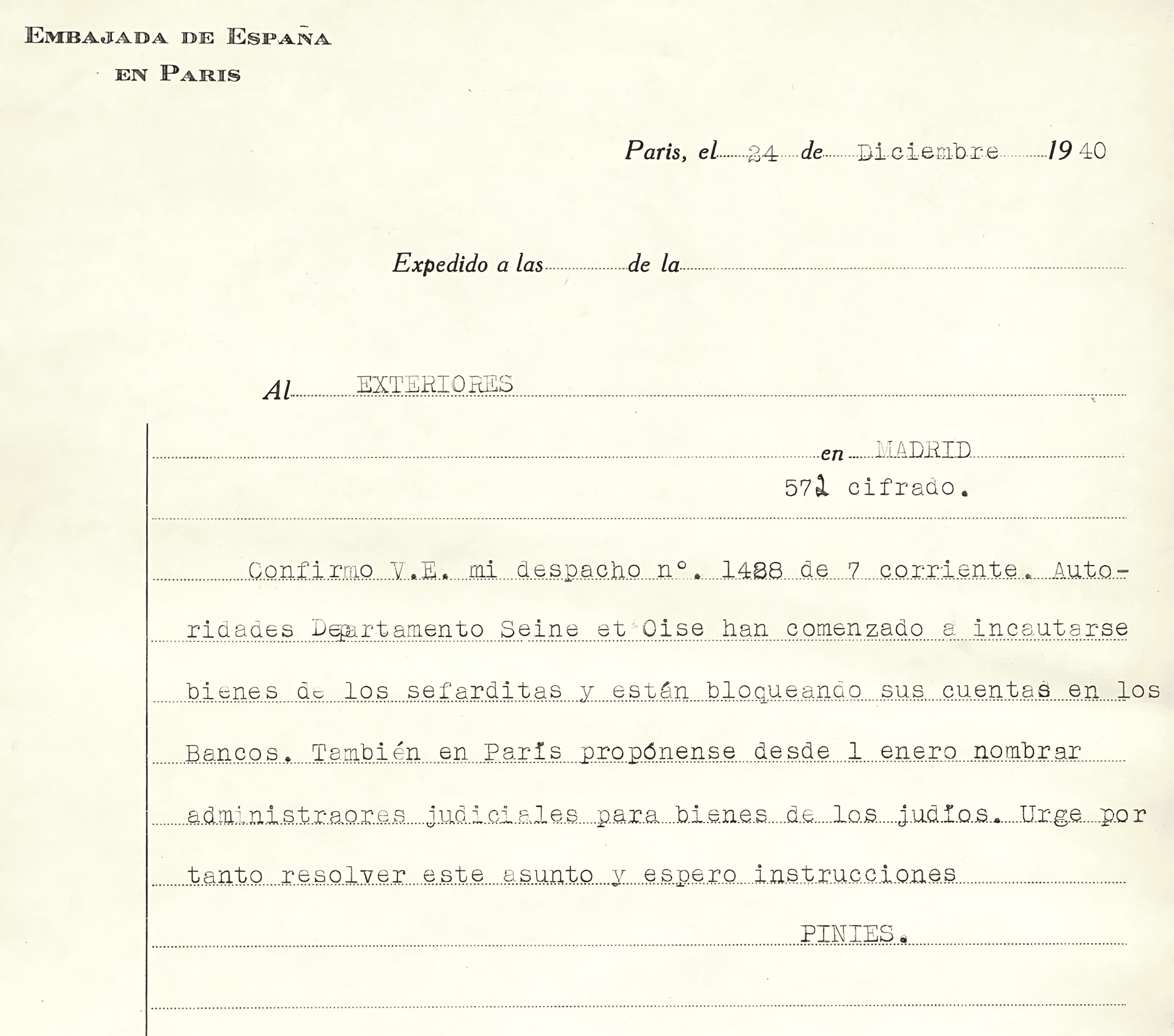 Correspondencia entre cúpula franquista y diplomáticos sobre bienes judíos
