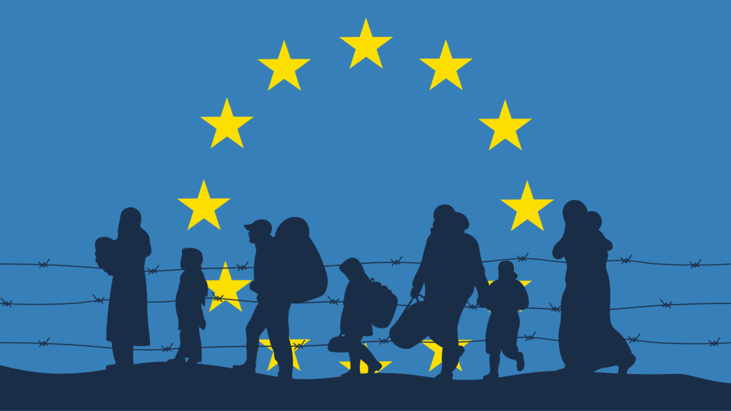 Siluetas de migrantes cruzando alambre de espino ante la bandera europea.