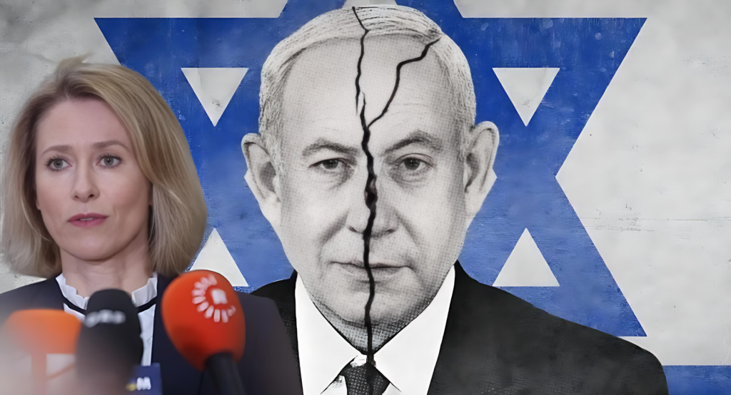 Kaja Kallas, Netanyahu agrietado y bandera israelí.