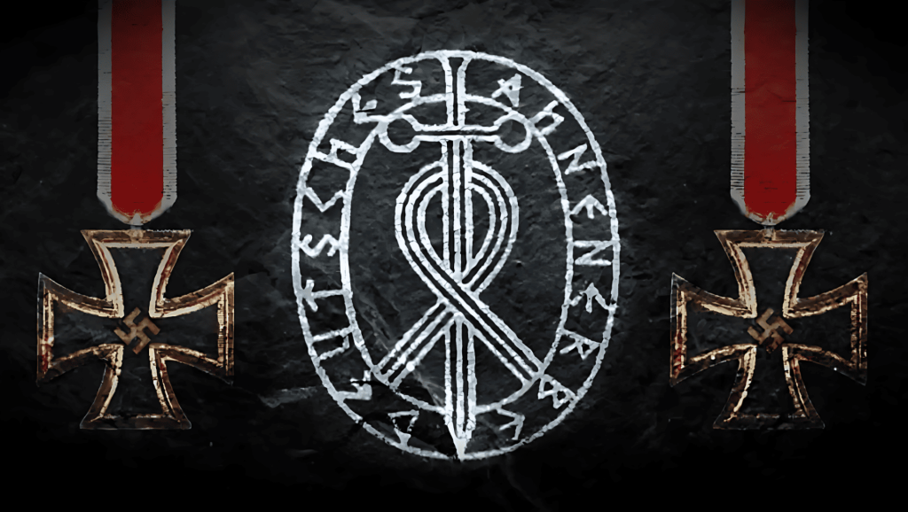 Cruces de Hierro nazis y símbolo rúnico en fondo oscuro.