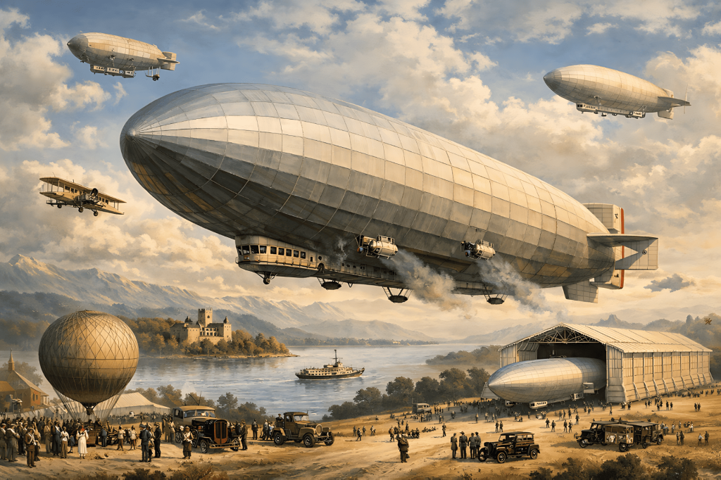 Dirigibles, biplanos y globo sobre valle montañoso con gente y lago.