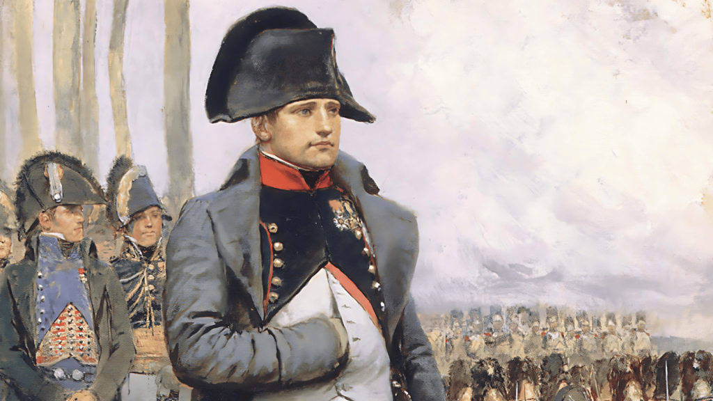 Napoleón Bonaparte con uniforme militar, frente a su ejército.