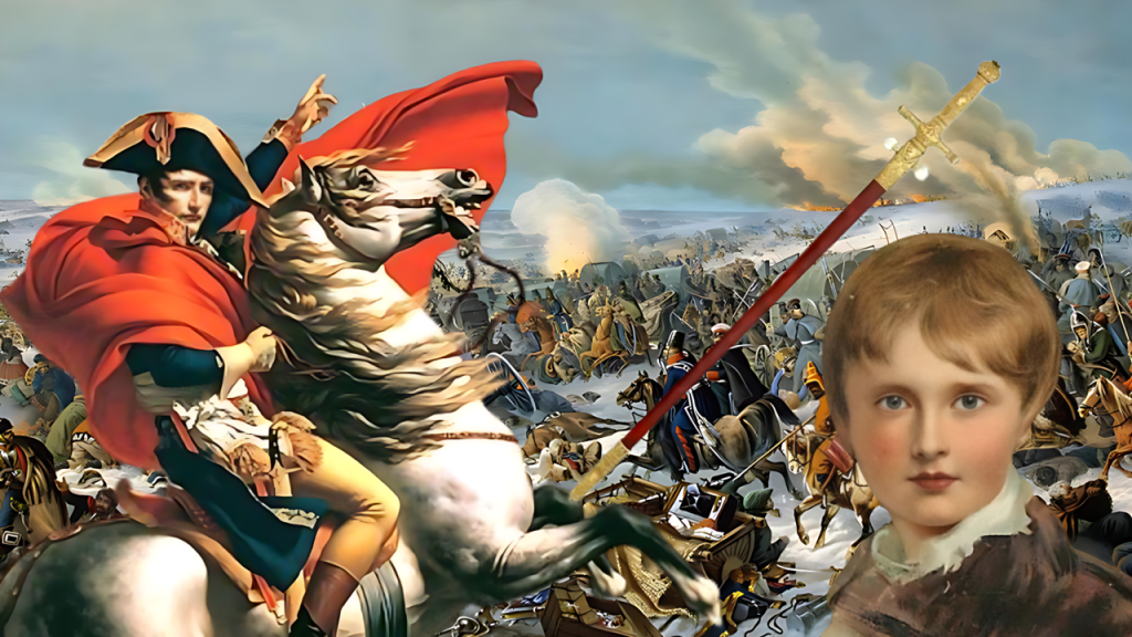 Napoleón a caballo, niño, espada, batalla invernal.