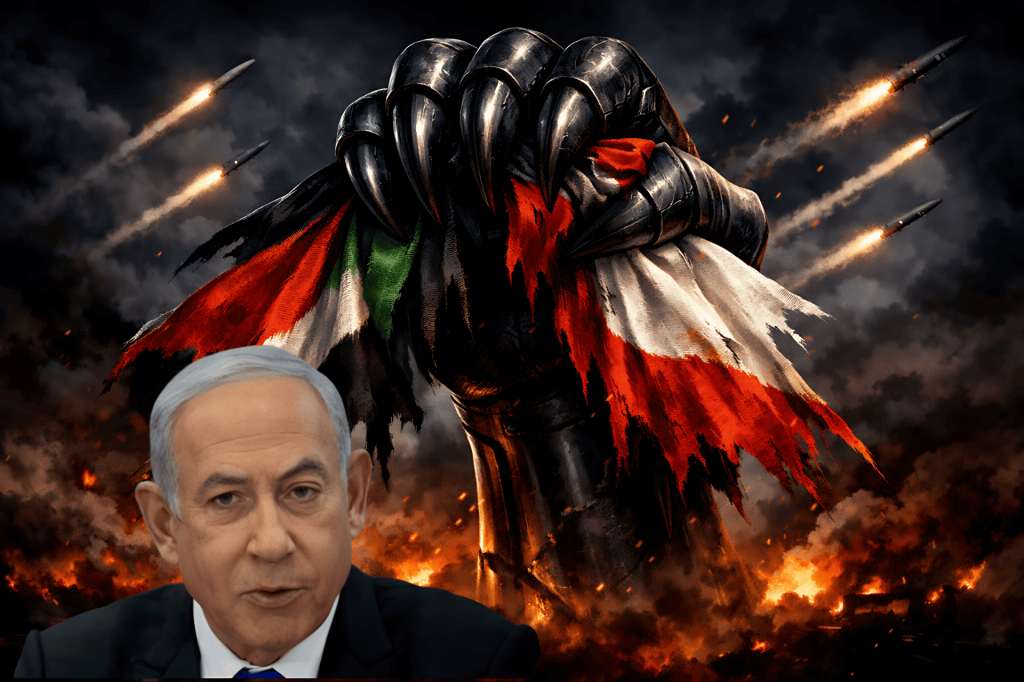 Netanyahu, garra destrozando bandera palestina, misiles y fuego.