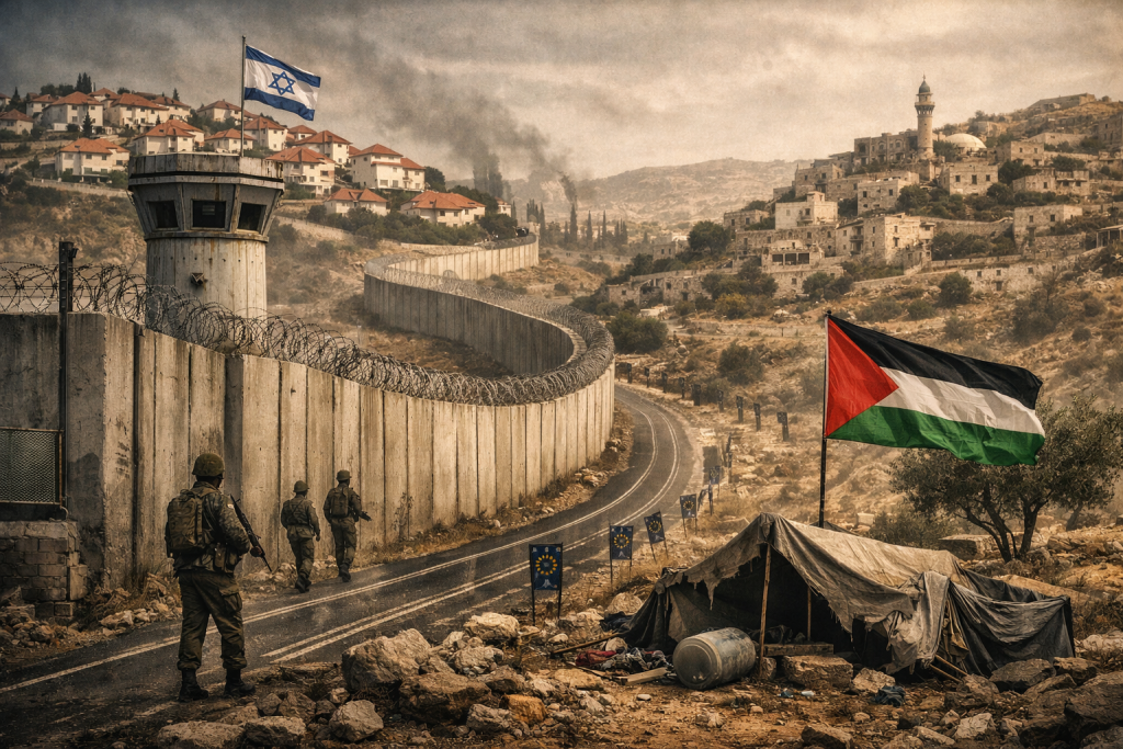 Muro de separación, banderas Israel y Palestina, soldados.
