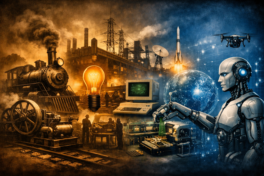 Evolución industrial a tecnológica: tren, fábrica, bombilla, robot, planeta digital.