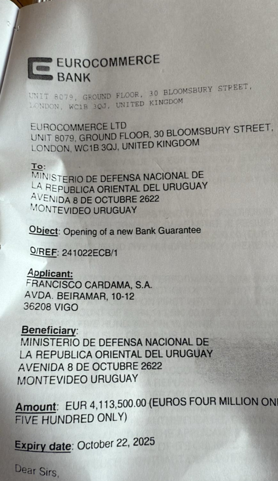Supuesta renovación de garantía Cardama - Eurocommerce Bank