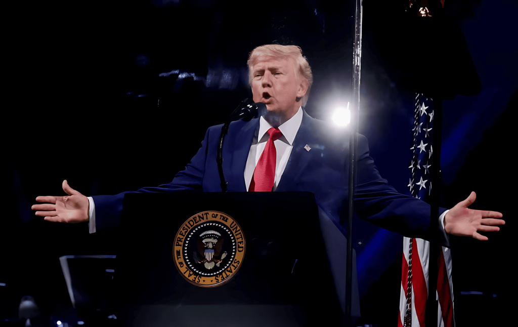 Donald Trump gesticula en un podio con bandera estadounidense.