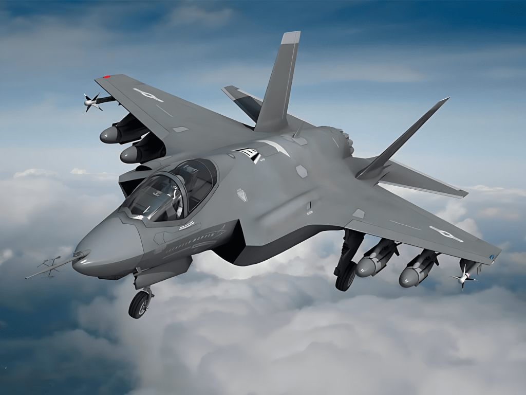 Caza furtivo gris volando entre nubes con armas.