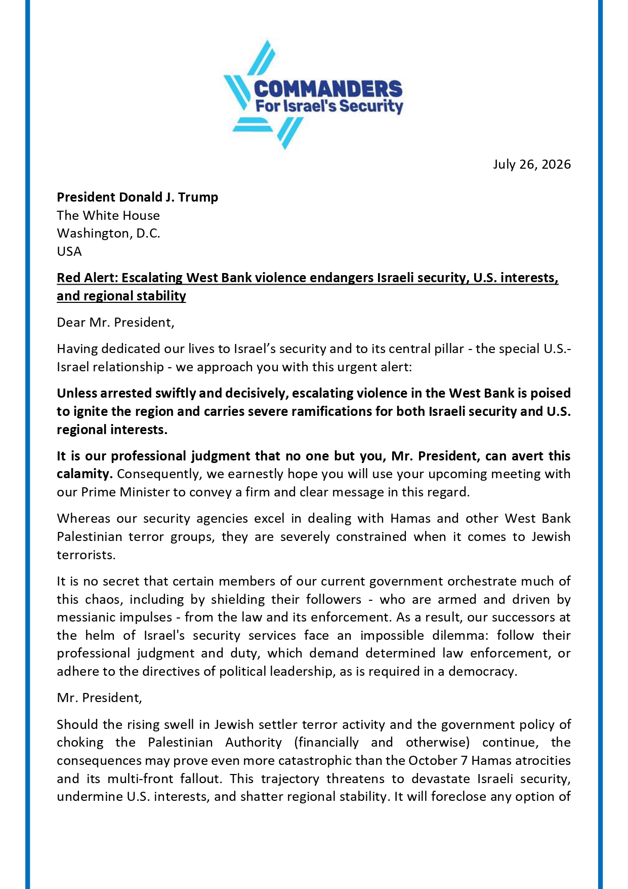 Carta de los Comandantes de Seguridad de Israel a Donald Trump sobre la violencia de colonos en Cisjordania