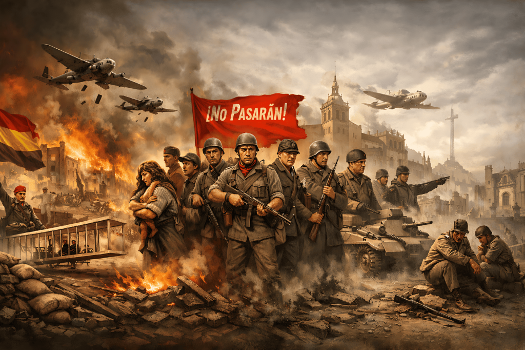 Escena de guerra civil española con soldados, fuego y aviones, "¡No Pasarán!".