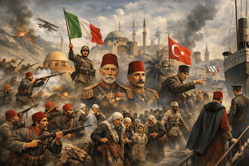 Pintura de guerra histórica con soldados, civiles y líderes otomanos.