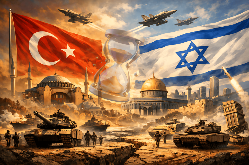 Conflicto geopolítico Turquía-Israel con símbolos nacionales y fuerzas militares.