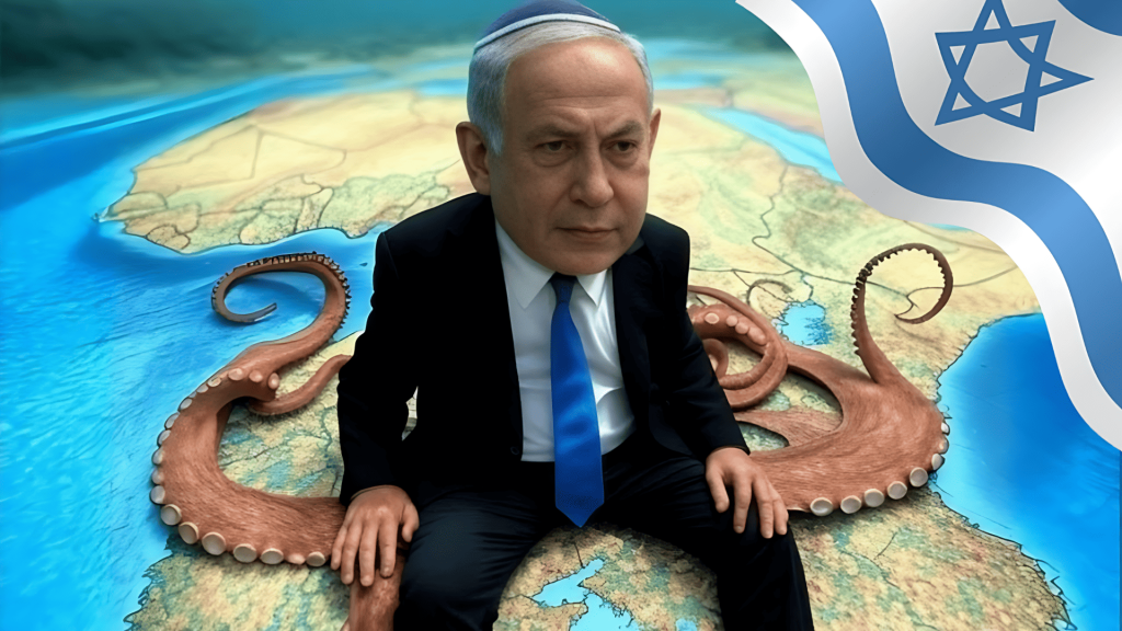Netanyahu como pulpo extendiendo influencia sobre África y Oriente Medio.