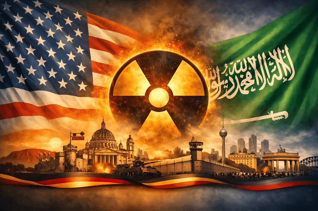 Banderas de EEUU y Arabia Saudí, símbolo nuclear y paisaje urbano.