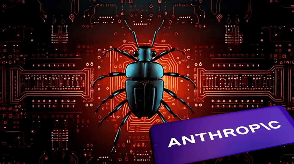 Bicho digital sobre circuito rojo brillante con logo Anthropic.