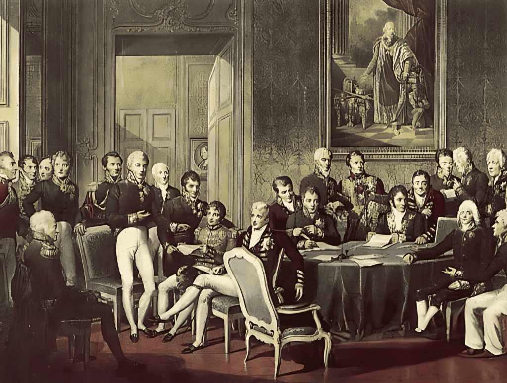 Reunión histórica de figuras militares/diplomáticas en sala palaciega.