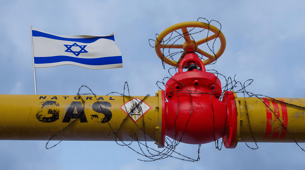 Bandera de Israel, gasoducto, válvula, alambre de espino, gas natural.