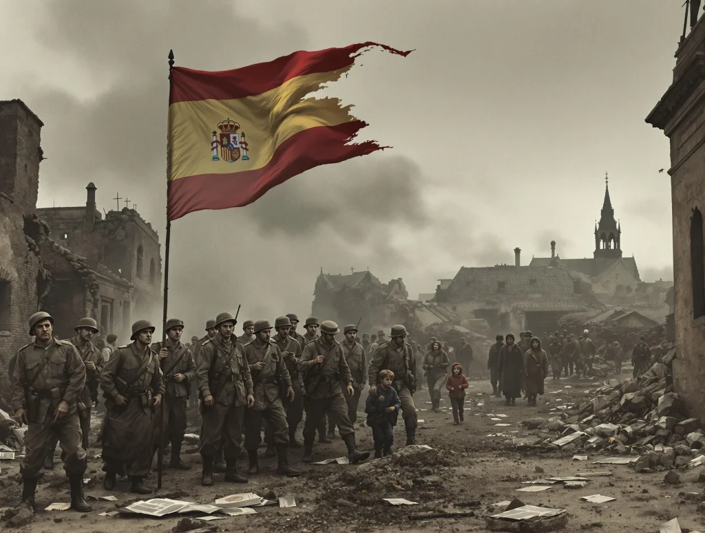 Soldados españoles con bandera desgarrada en ciudad devastada por guerra.