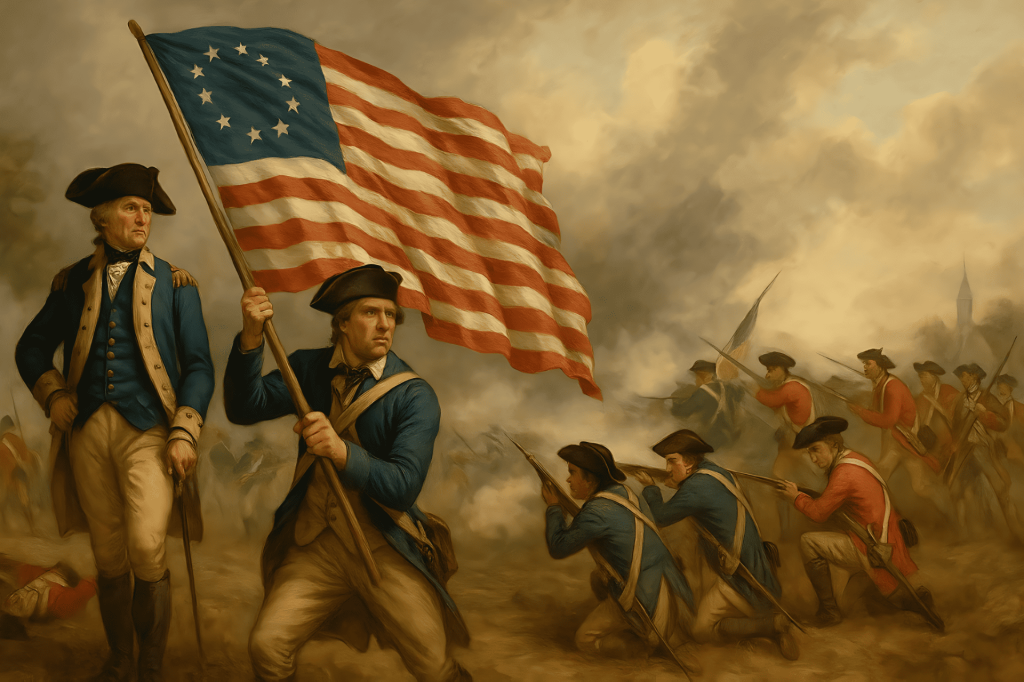George Washington y soldados con bandera americana en batalla.