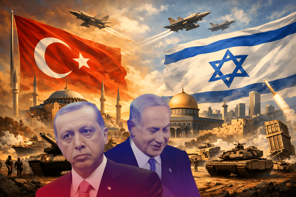 Erdoğan, Netanyahu, símbolos militares y culturales de Turquía e Israel.