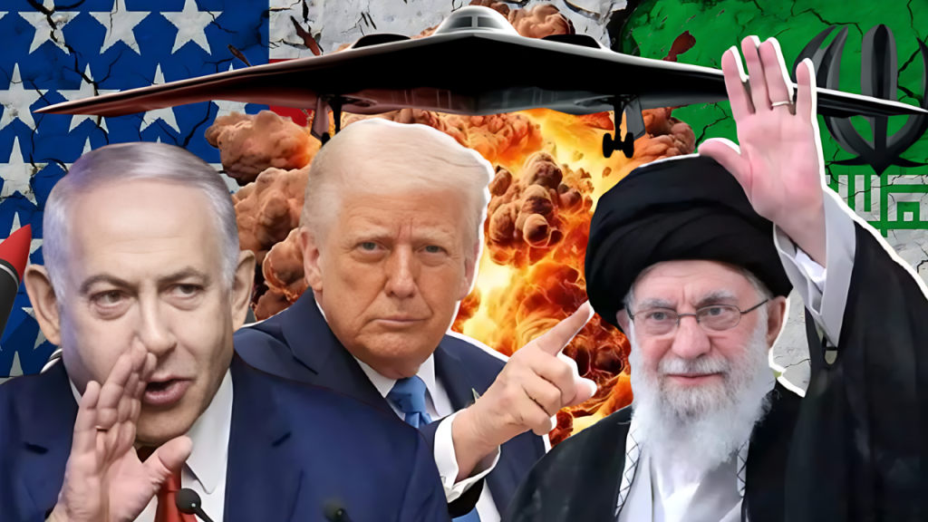 Líderes Trump, Netanyahu, Khamenei ante explosión y banderas en conflicto.